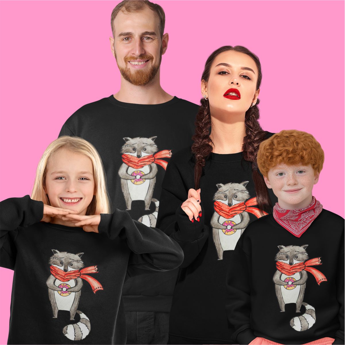 Juodi UNISEX džemperiai šeimoms "Meškėnas"