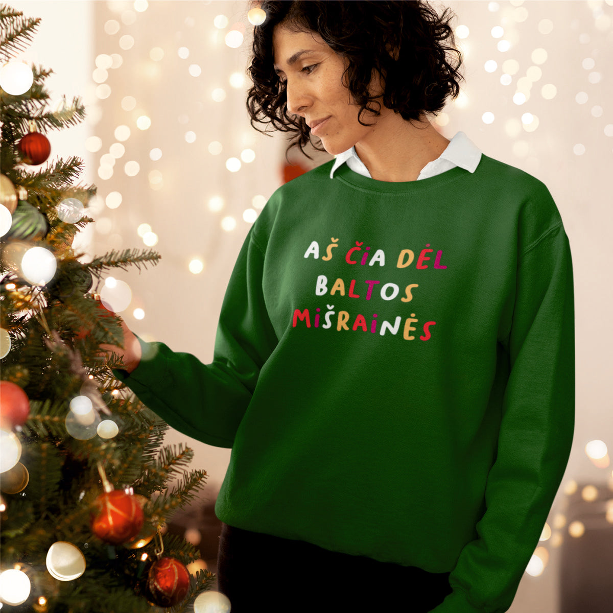 Tamsiai žalias kalėdinis UNISEX džemperis "Aš čia dėl baltos mišrainės"
