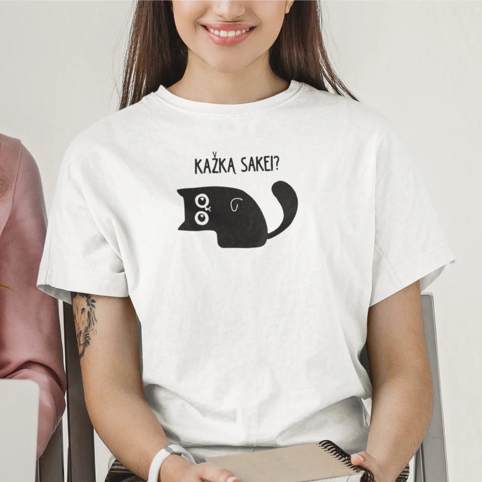 Balti UNISEX marškinėliai "Kažką sakei?" (XL dydis). Pagaminta prekė. Greitas išsiuntimas!