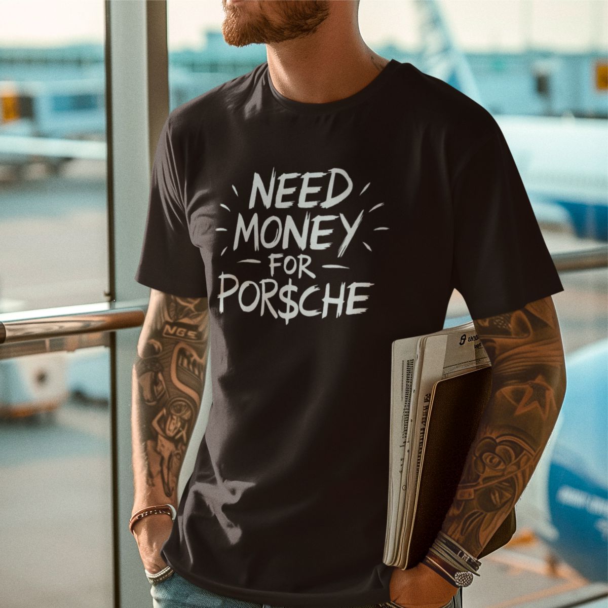 Juodi UNISEX marškinėliai "Need money for Porsche"