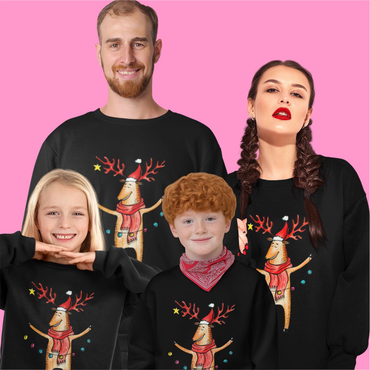 Juodi UNISEX džemperiai šeimoms "Briedis"