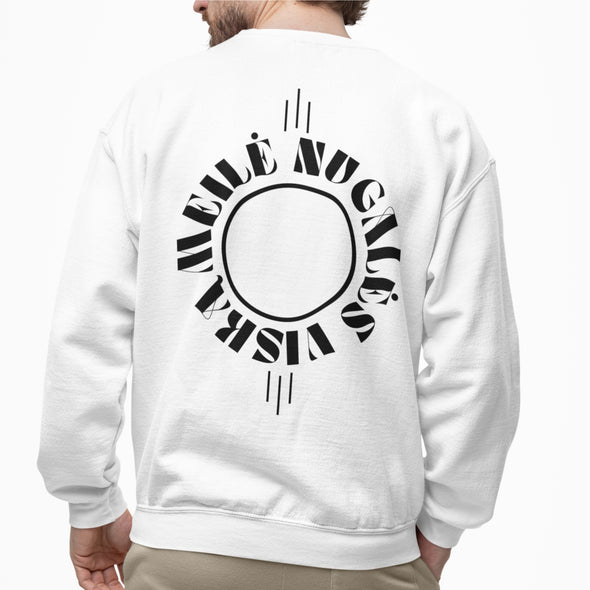 Baltas UNISEX džemperis su spauda ant nugaros "Meilė nugalės viską"