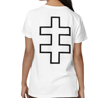 Balti UNISEX marškinėliai su spauda ant nugaros  "Jogailaičių kryžiaus kontūrai“
