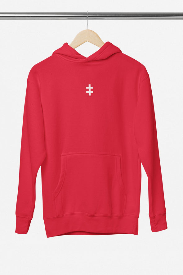 Raudonas UNISEX džemperis su gobtuvu "Baltas Jogailaičių kryžius" PASKUTINIAI VIENETAI (Geffer 620)