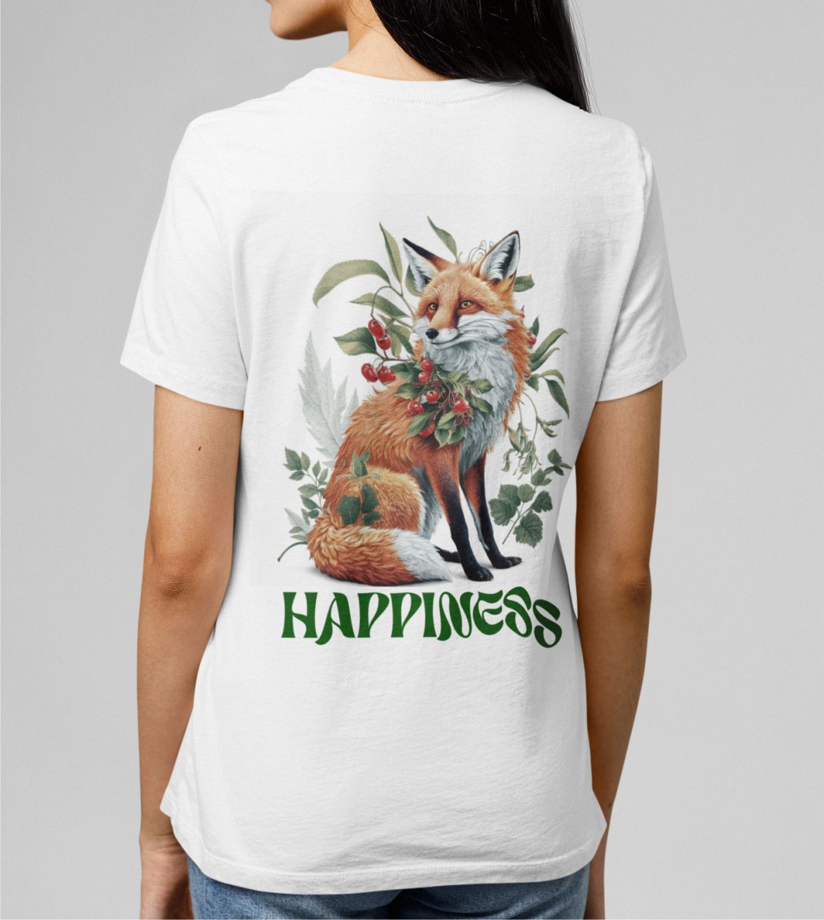 Balti marškinėliai su spauda ant nugaros  "Happiness“