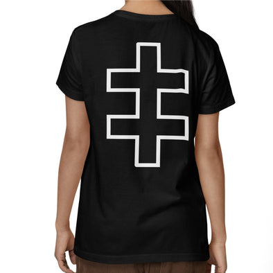 Juodi UNISEX marškinėliai su spauda ant nugaros  "Jogailaičių kryžiaus kontūrai“