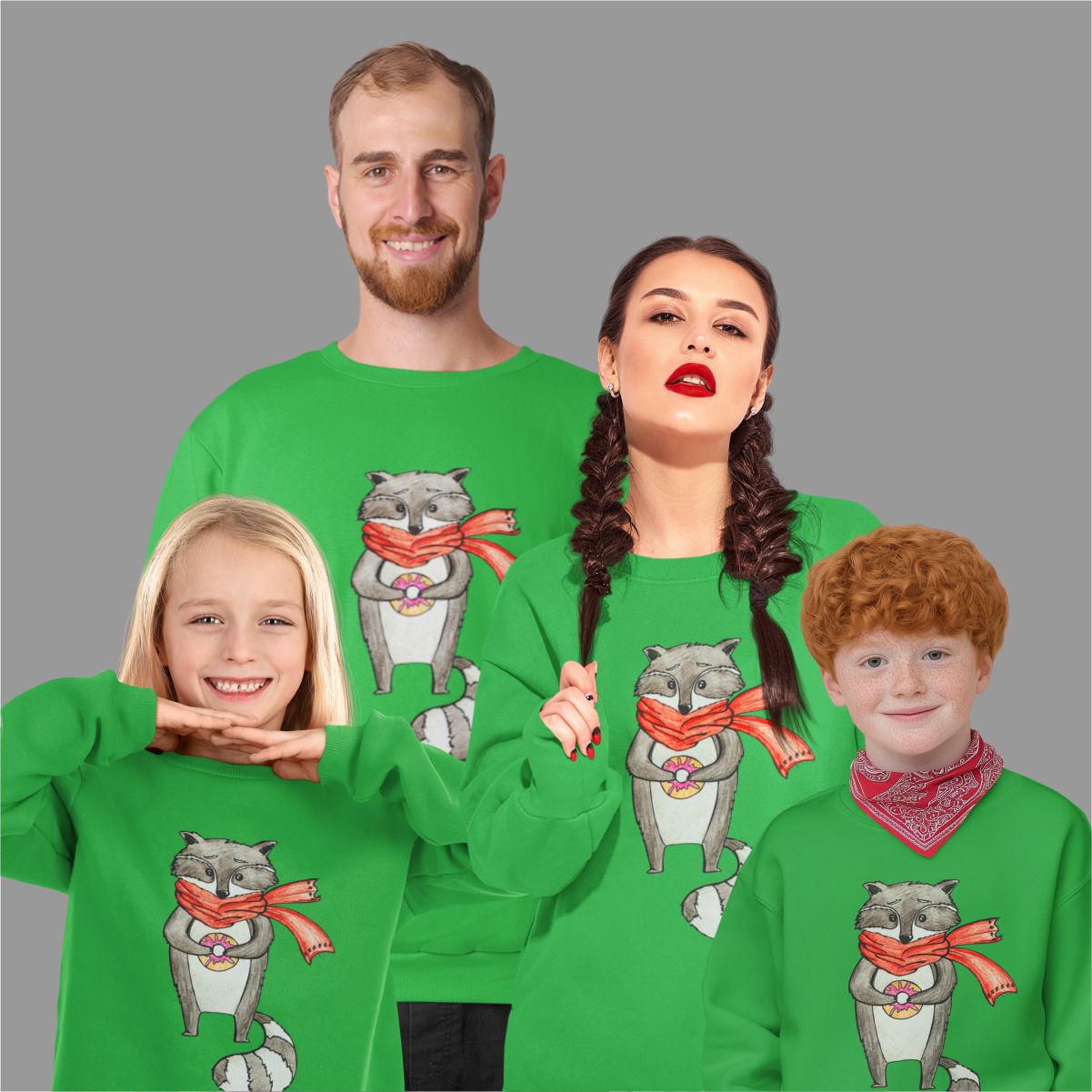 Žali UNISEX džemperiai šeimoms "Meškėnas"