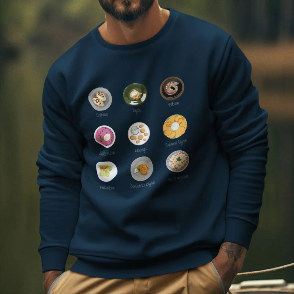 Mėlynas UNISEX džemperis be gobtuvo "Lietuviški patiekalai" (S, L, 3XL dydis) ŠIURPNAKČIO PASIŪLYMAS