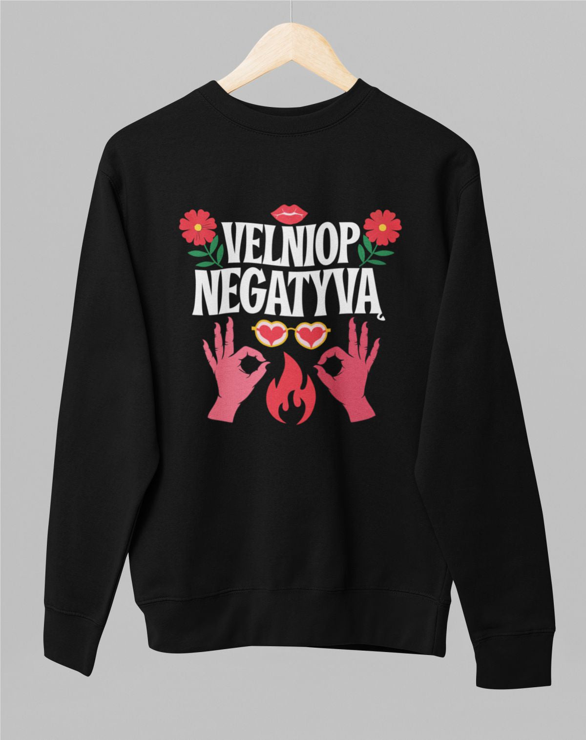 Juodas UNISEX džemperis be kapišono "Velniop negatyvą"