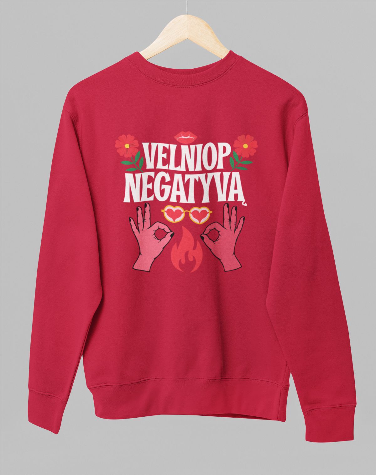 Raudonas UNISEX džemperis be kapišono "Velniop negatyvą"