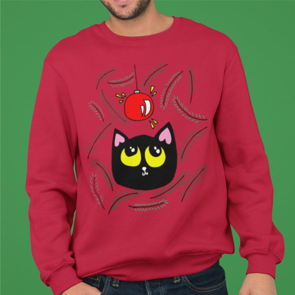 Raudonas Kalėdinis UNISEX džemperis be gobtuvo "Katinėlis su žaisliuku"
