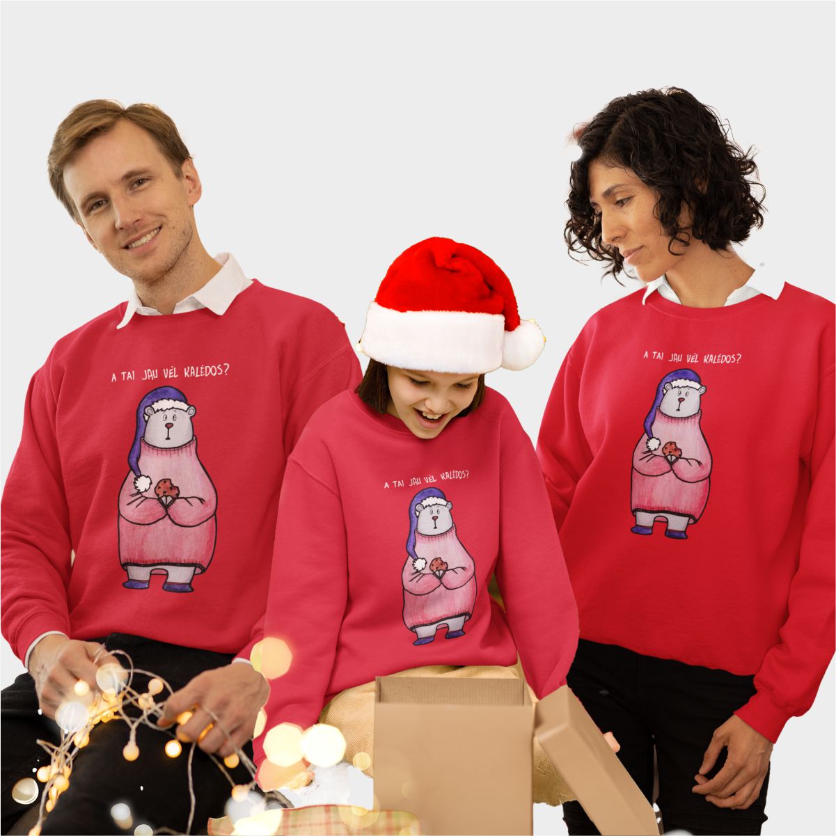 Raudoni UNISEX džemperiai šeimoms "A tai jau vėl"