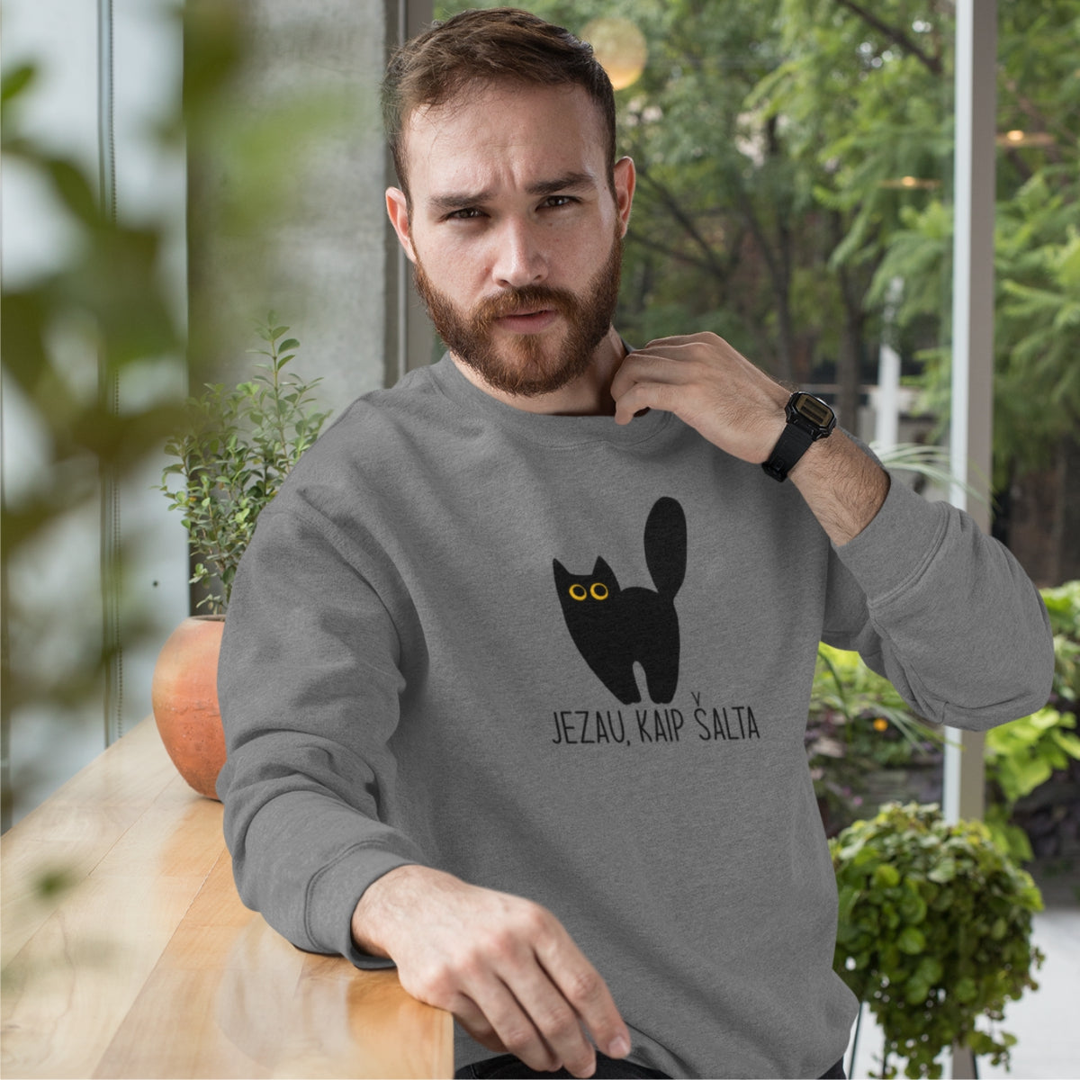 Pilkas melanžinis džemperis be gobtuvo "Jezau, kaip šalta" (XS dydis) JUODOJO PENKTADIENIO pasiūlymas!