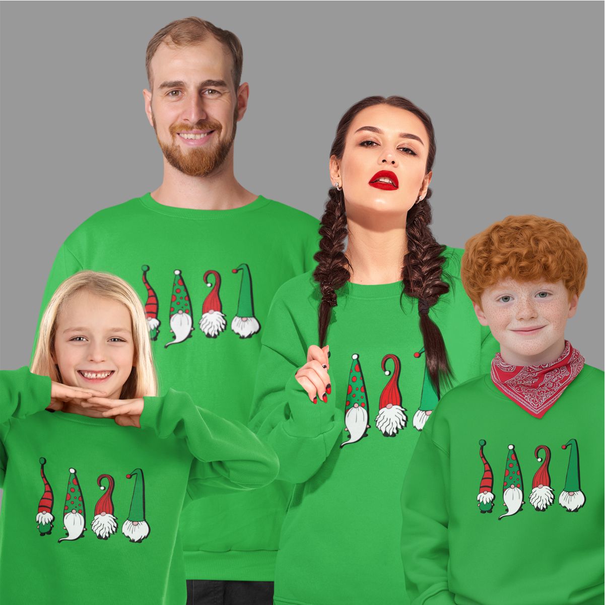 Žali UNISEX džemperiai šeimoms "Keturi nykštukai"