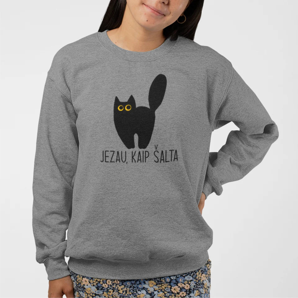 Pilkas melanžinis džemperis be gobtuvo "Jezau, kaip šalta" (M dydis). Pagaminta prekė. Greitas išsiuntimas!