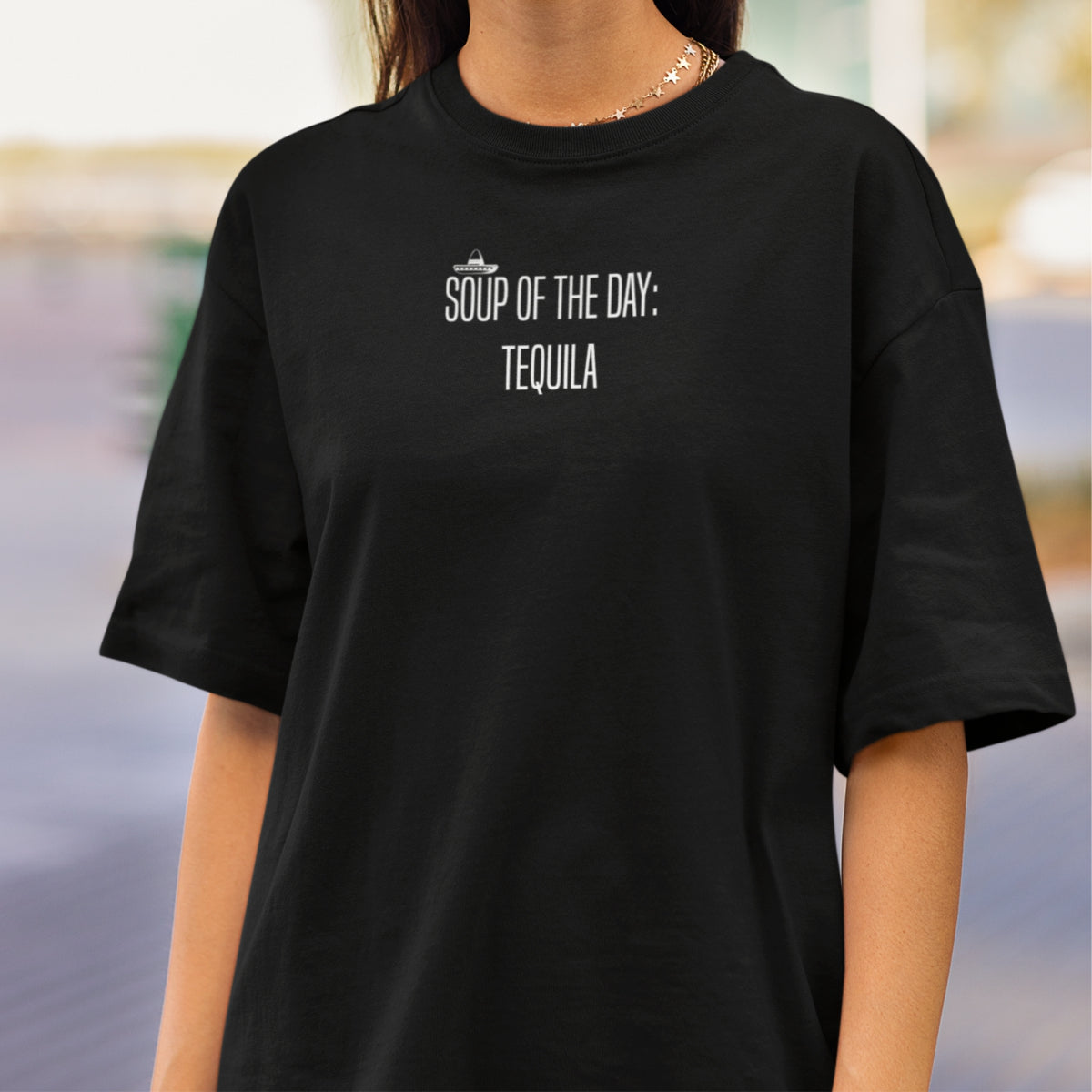 Juodi UNISEX OVERSIZED marškinėliai "Soup ot the day"