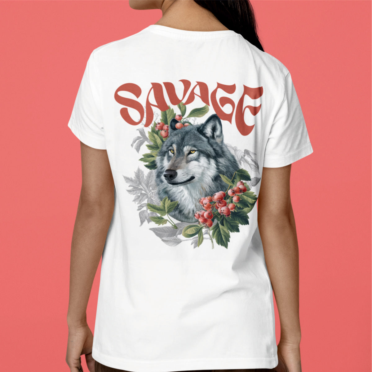 Balti marškinėliai su spauda ant nugaros  "Savage“