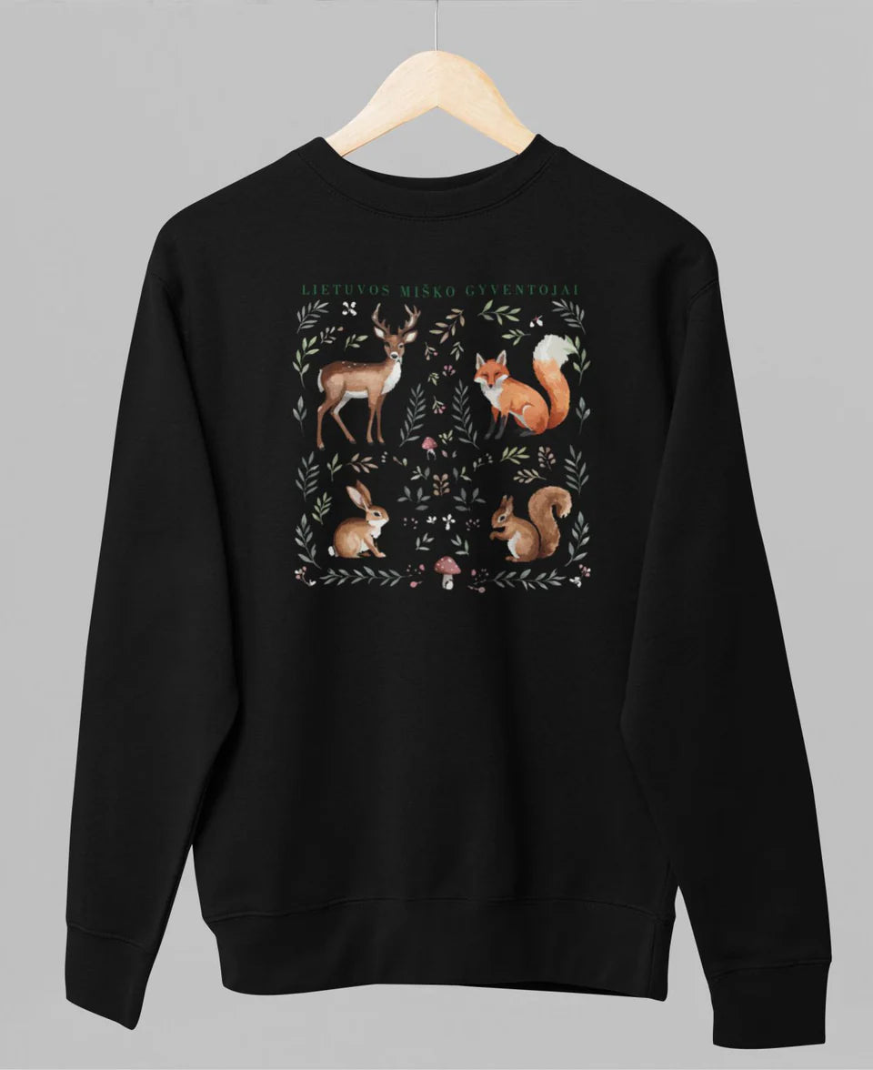 Juodas UNISEX džemperis be gobtuvo "Lietuvos miško gyventojai" Pagaminta prekė (XS, 2XL dydis)