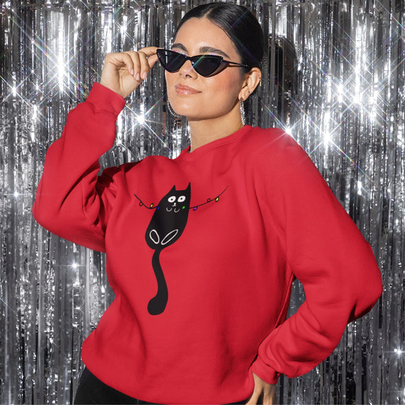 Raudonas Kalėdinis UNISEX džemperis be gobtuvo "Katinėlis su girlianda"