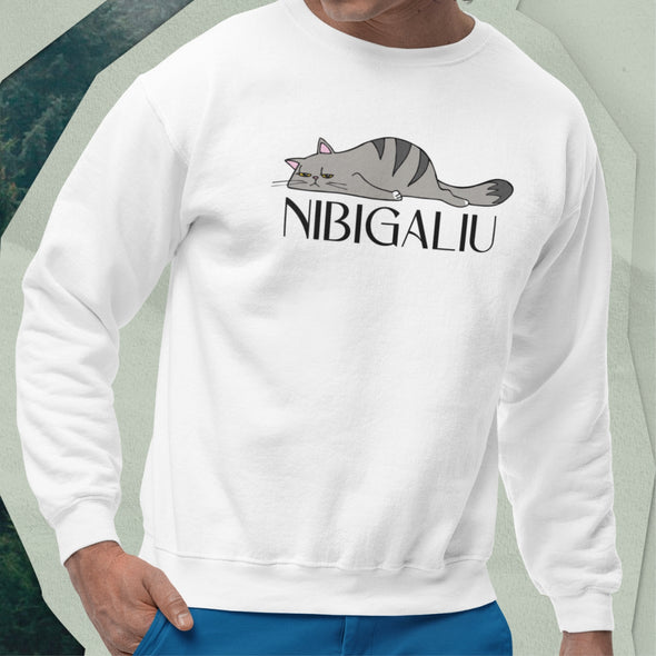 Baltas UNISEX džemperis be gobtuvo "Nibigaliu naujas"