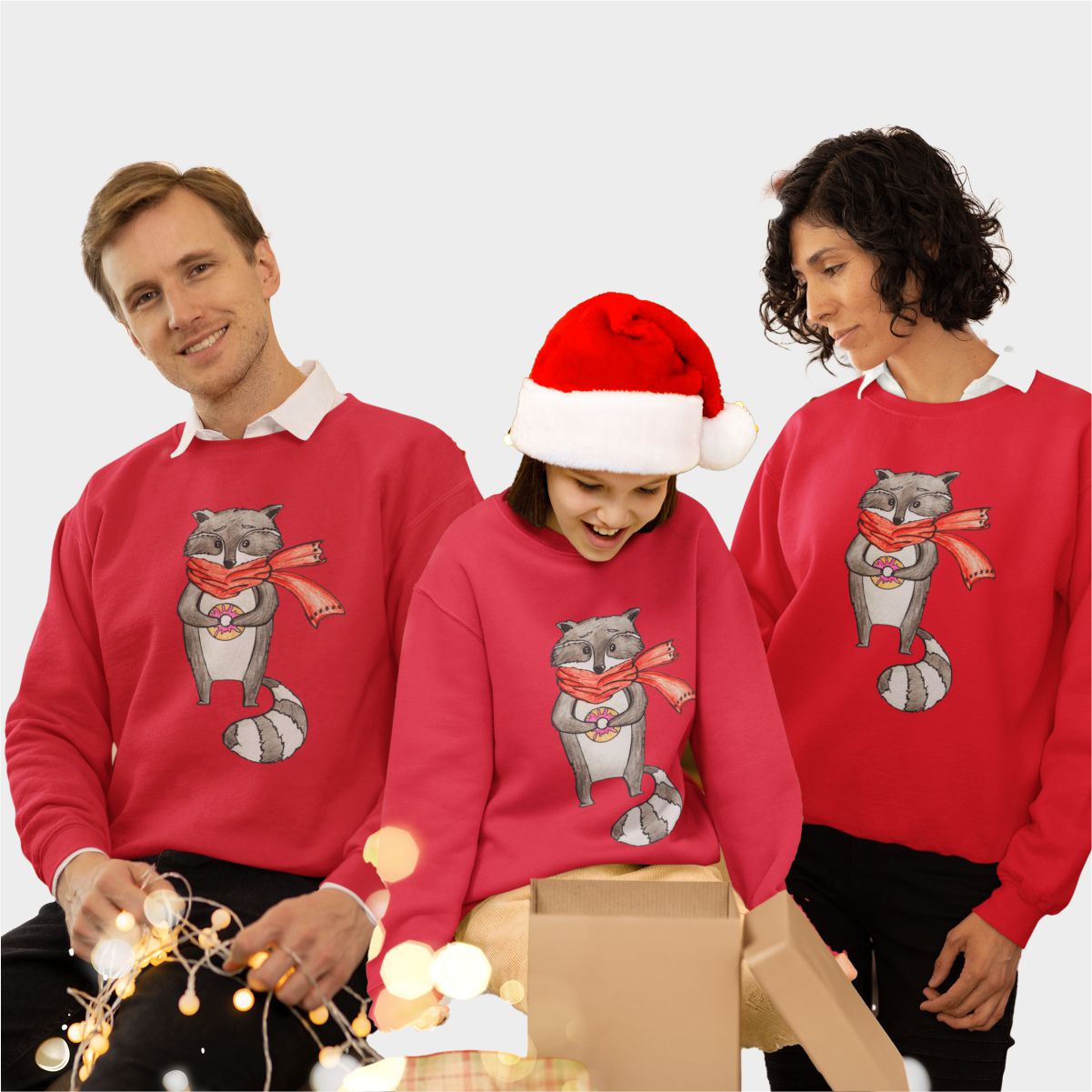Raudoni UNISEX džemperiai šeimoms "Meškėnas"