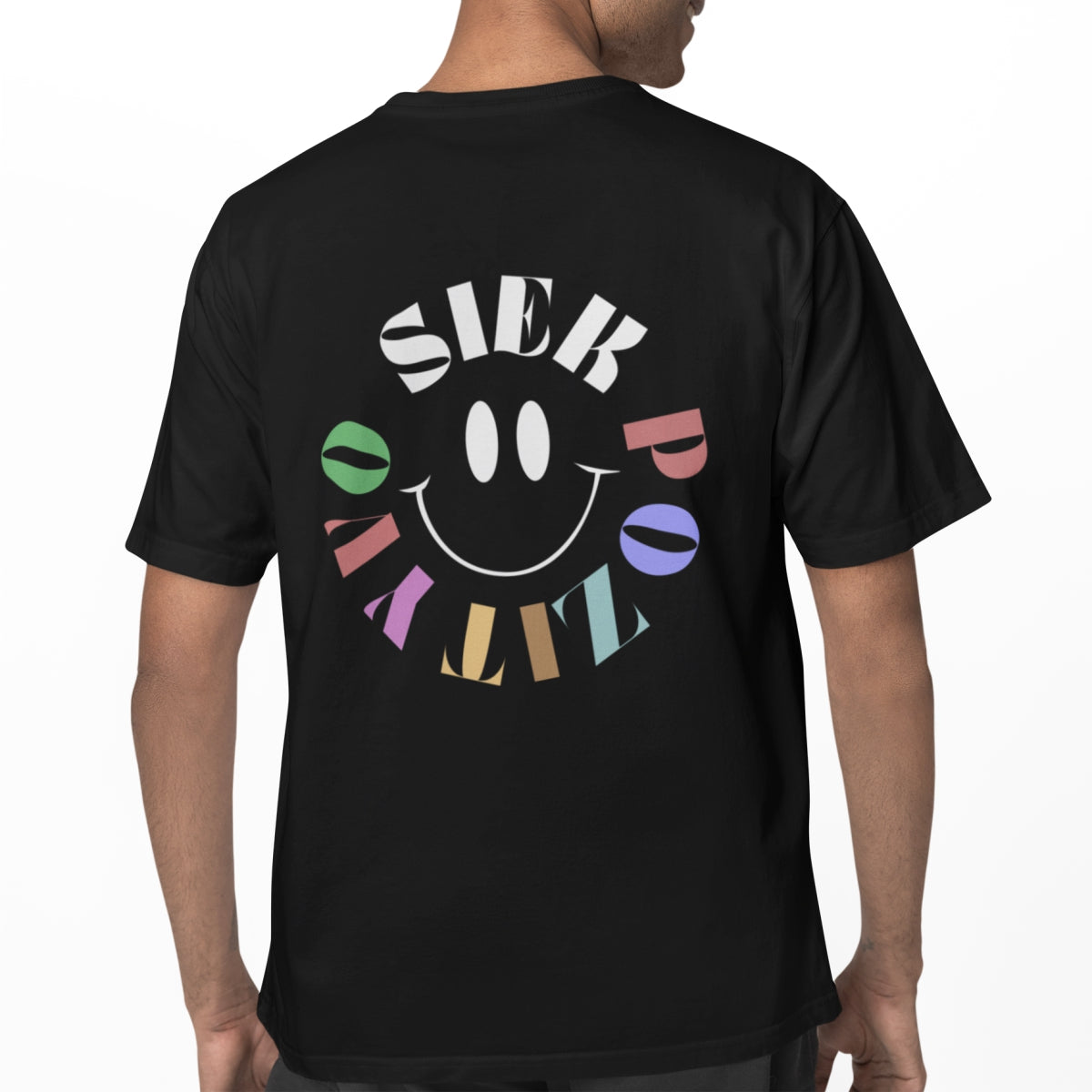 Juodi UNISEX marškinėliai su spauda ant nugaros "Siek pozityvo"