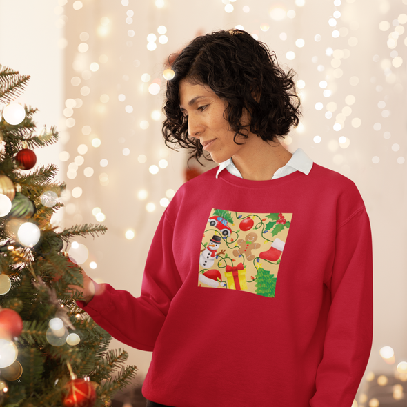 Raudonas kalėdinis džemperis su spauda "Kalėdiniai akcentai"