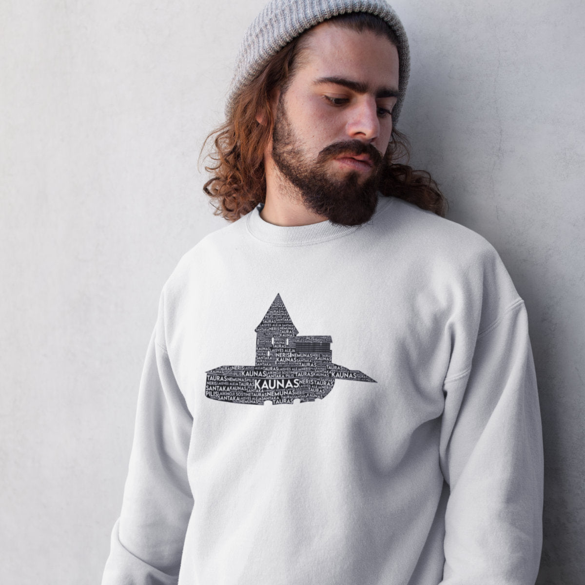 Baltas UNISEX džemperis be gobtuvo "Kauno frazės"