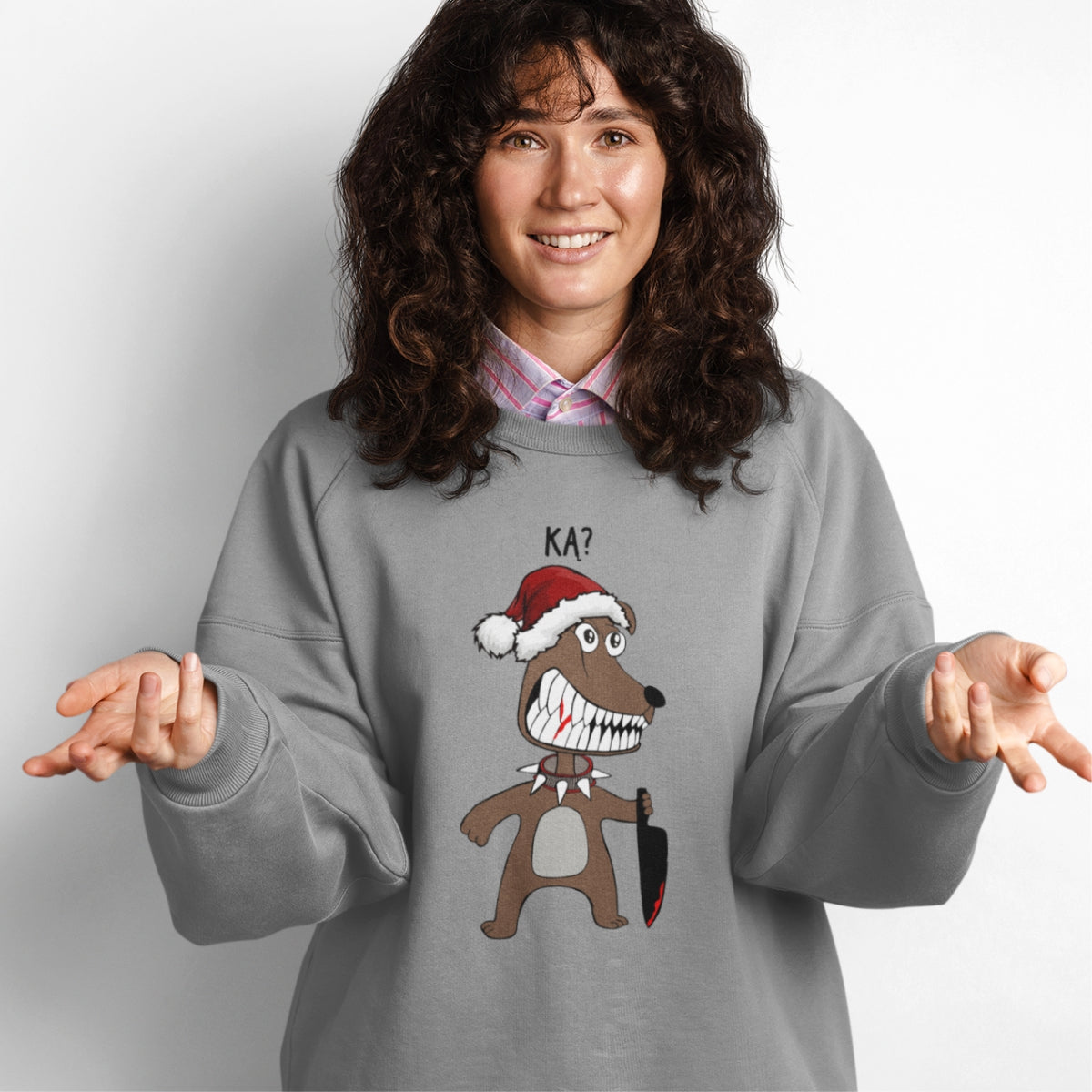 Pilkas UNISEX kalėdinis džemperis be gobtuvo "Ką šuniukas" Ribotas kiekis (XS) PAGAMINTI. JUODOJO PENKTADIENIO Pasiūlymas