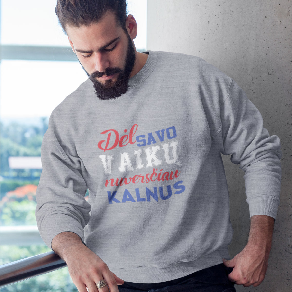 Pilkas melanžinis džemperis be gobtuvo "Dėl savo vaikų"