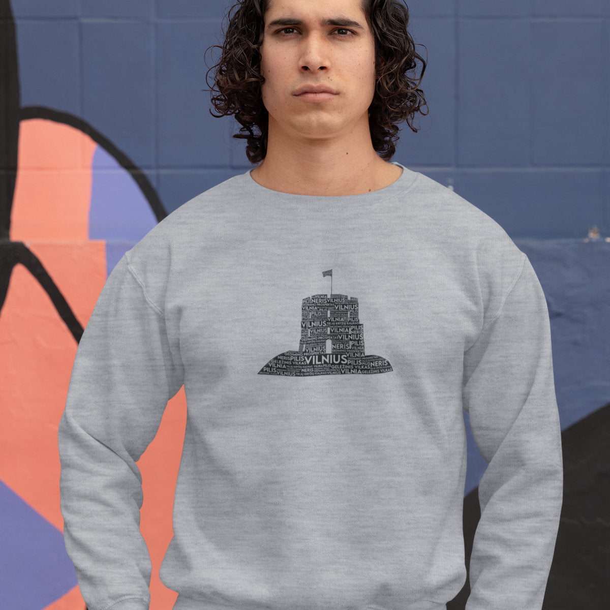 Pilkas melanžinis UNISEX džemperis be gobtuvo "Vilniaus frazės" Ribotas kiekis (XL, 2XL dydis) JUODOJO PENKTADIENIO Pasiūlymas