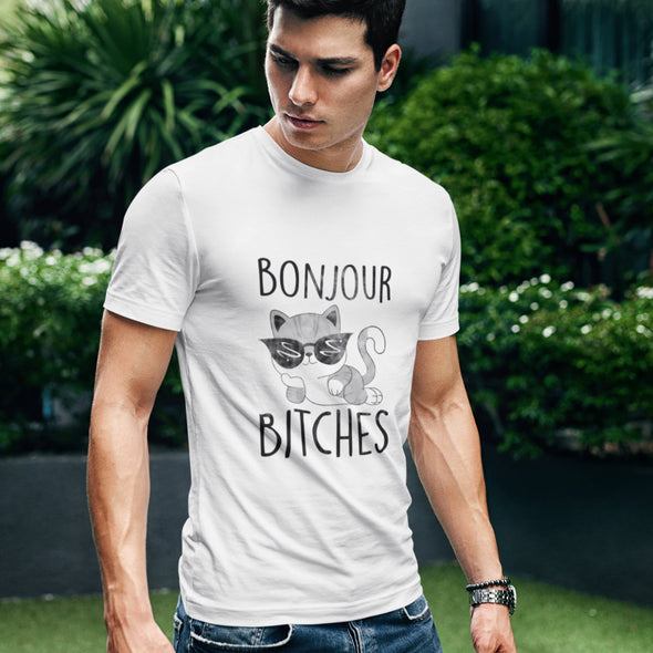 Balti UNISEX marškinėliai "BONJOUR BITCHES katukas"