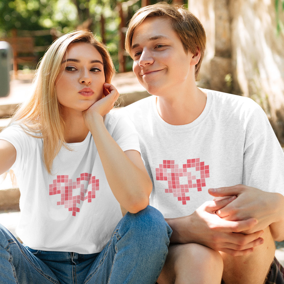 Balti unisex marškinėliai poroms „Širdies tetris“