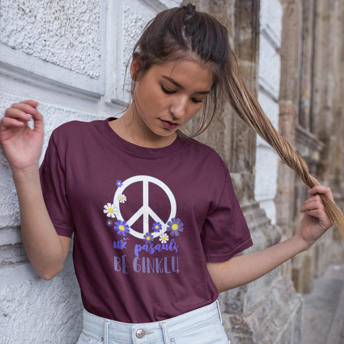 Burgundiški UNISEX marškinėliai "Už pasaulį be ginklų“