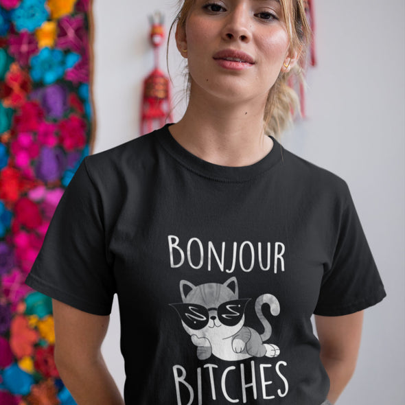 Juodi UNISEX marškinėliai "BONJOUR BITCHES katukas"