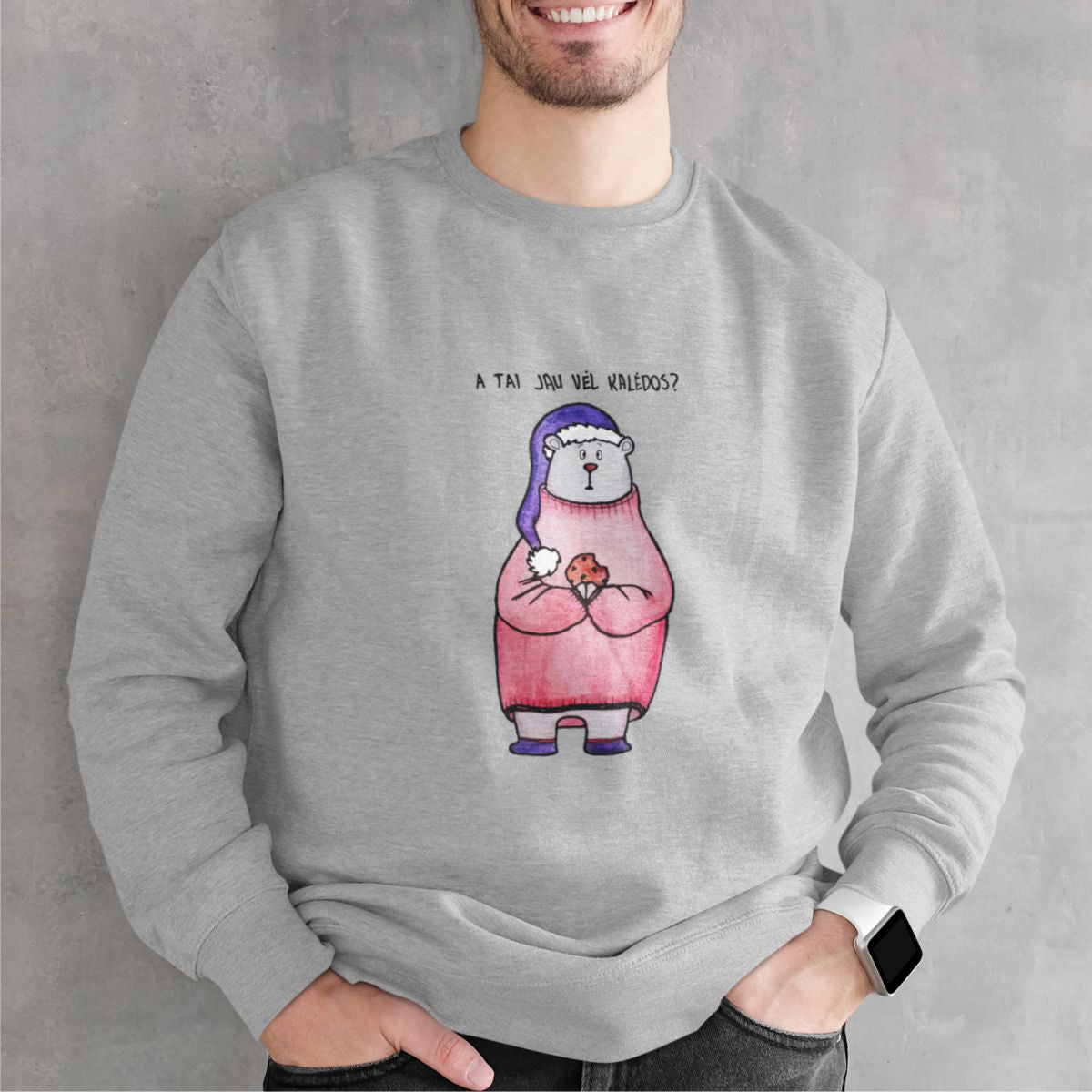 Pilkas UNISEX džemperis be gobtuvo "A tai jau vėl kalėdos?" (2XL dydis) ŠIURPNAKČIO PASIŪLYMAS
