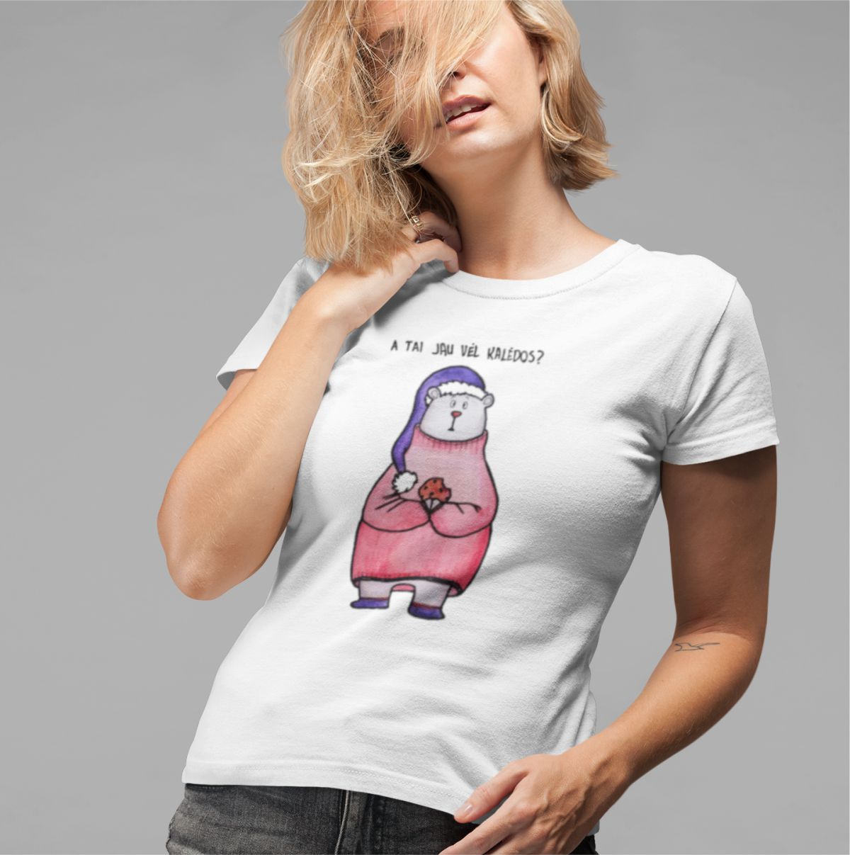 Balti moteriški marškinėliai "A tai jau vėl Kalėdos?" (XL dydis) ŠIURPNAKČIO PASIŪLYMAS