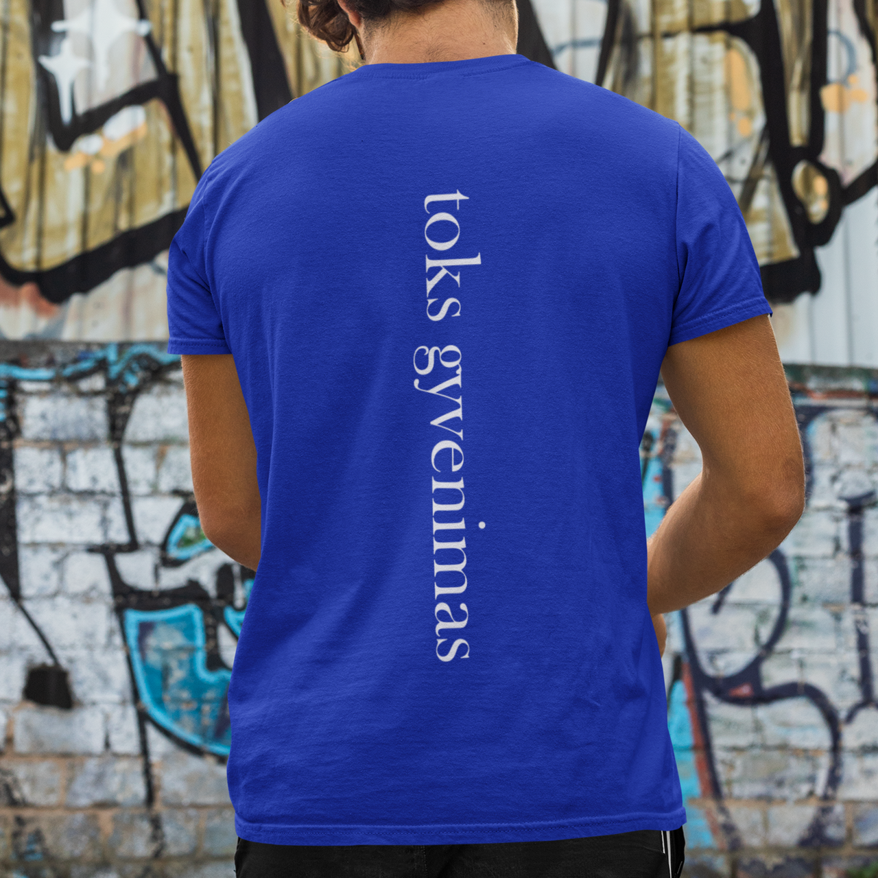 Mėlyni UNISEX marškinėliai su spauda ant nugaros "Toks gyvenimas"