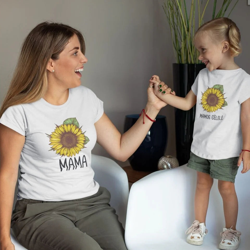 Balti marškinėliai "Mama ir mamos gėlelė“. 1 vnt marškinėlių