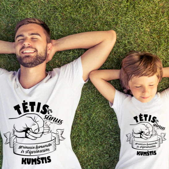 Balti vaikiški marškinėliai "Tėtis ir sūnus“ (4 metų vaikui). Pagaminta prekė. Greitas išsiuntimas!