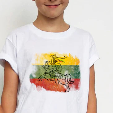 Balti vaikiški marškinėliai "Trispalvė su Vyčiu" (8 metų vaikui). Pagaminta prekė. Greitas išsiuntimas!