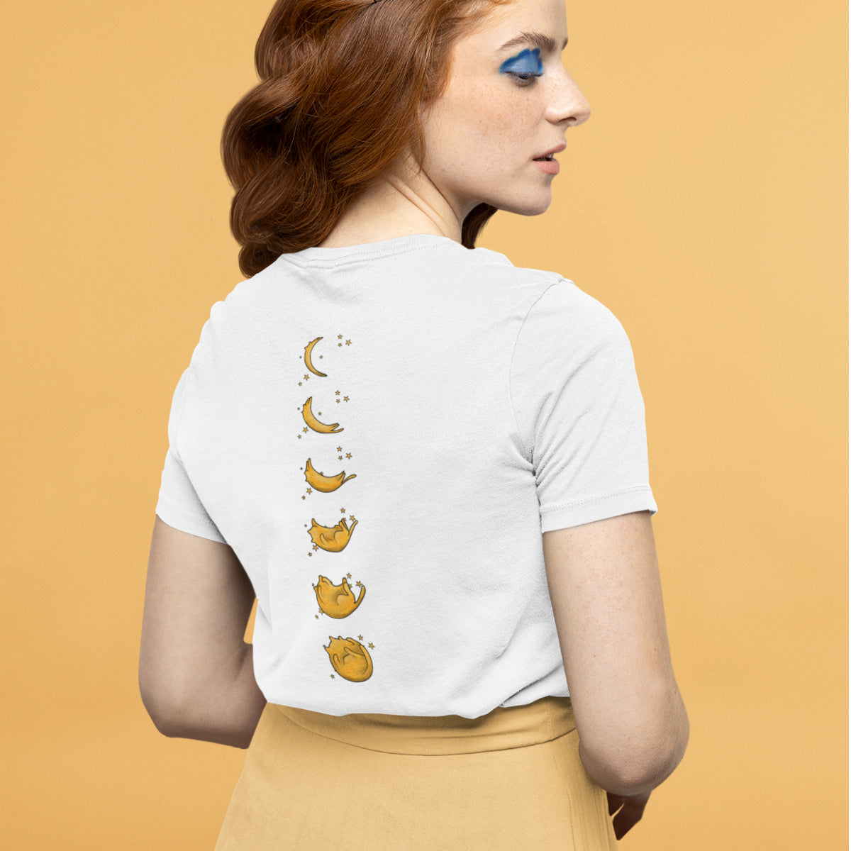 Balti UNISEX marškinėliai su spauda ant nugaros "Katinuko fazės“