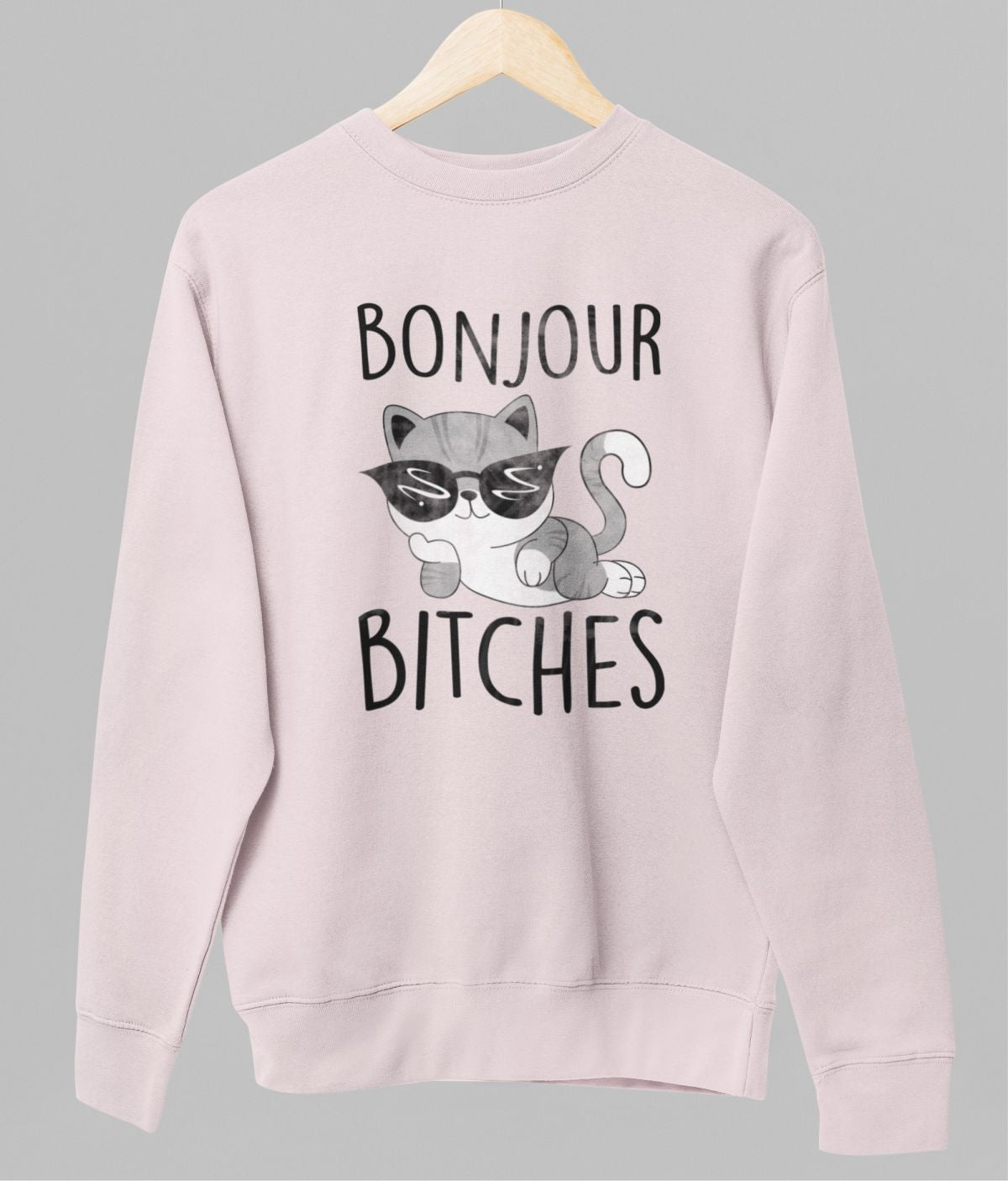 Rausvas organinės medvilnės džemperis be kapišono "BONJOUR BITCHES katukas" (XS dydis) JUODOJO PENKTADIENIO pasiūlymas!