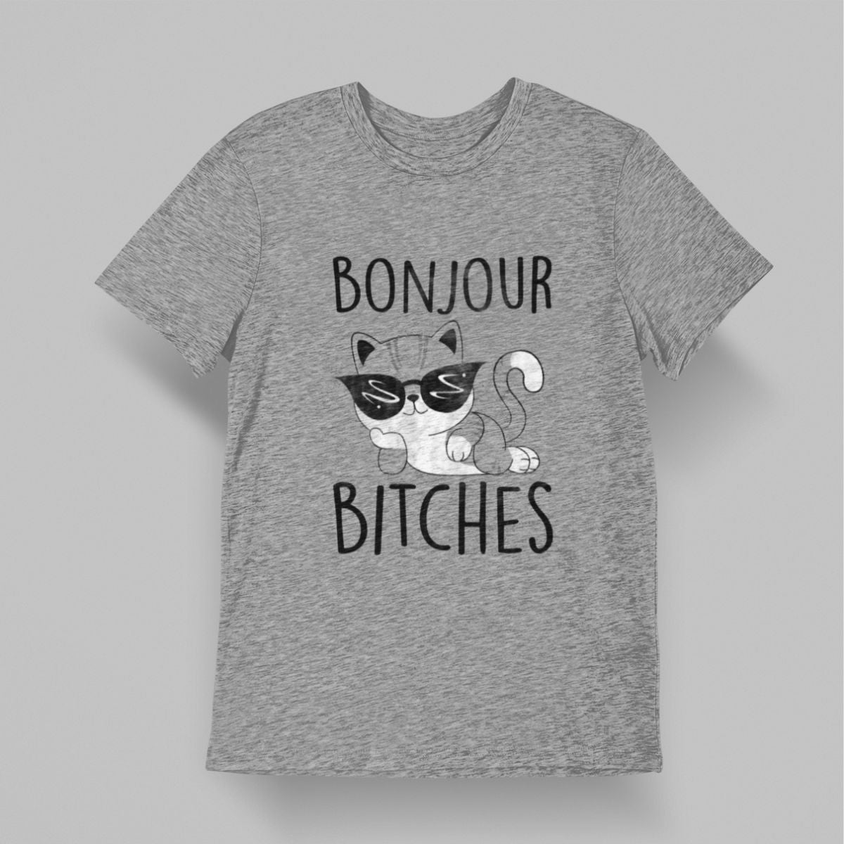 Pilki UNISEX marškinėliai "BONJOUR BITCHES katukas" (S dydis) ŠIURPNAKČIO PASIŪLYMAS