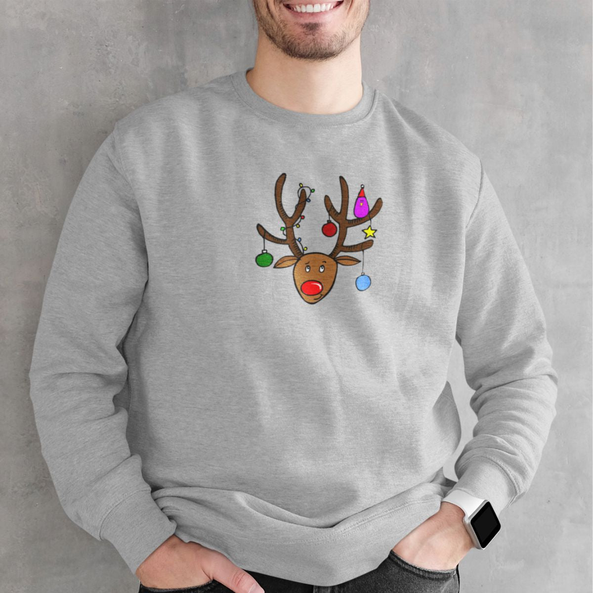 Pilkas kalėdinis džemperis su spauda "Briedžiukas" (XL dydis) ŠIURPNAKČIO PASIŪLYMAS