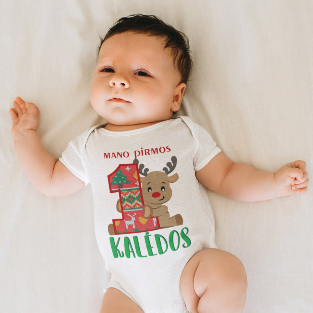 Baltas vaikiškas kalėdinis bodis "Mano pirmosios Kalėdos"