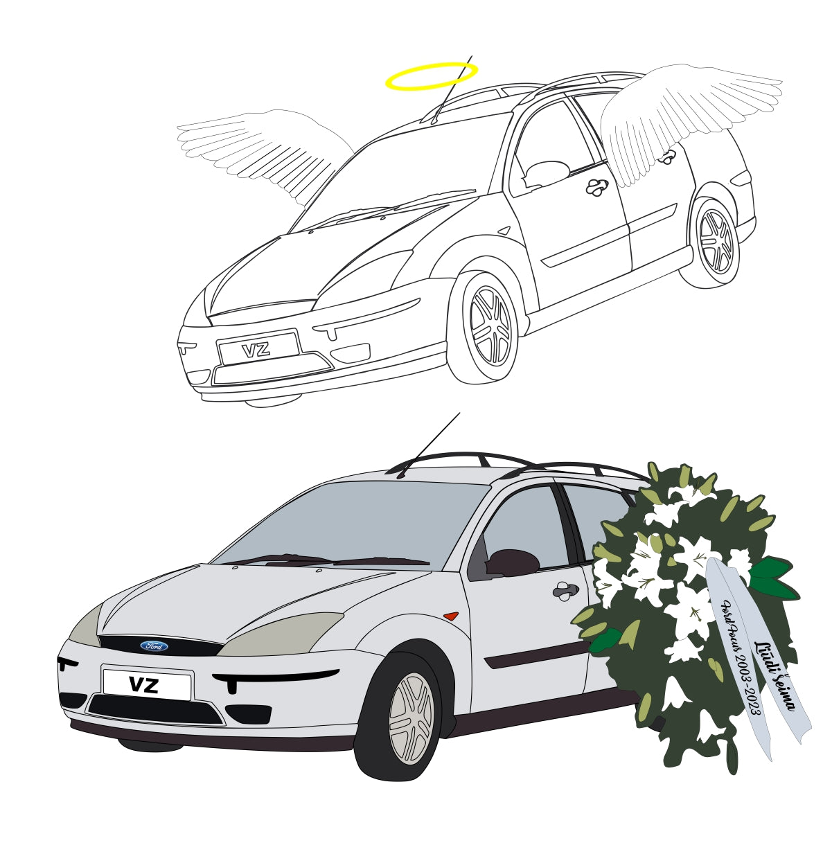 Balti Oversize Unisex VITA ŽIBA marškinėliai "A.A. Ford Focus"