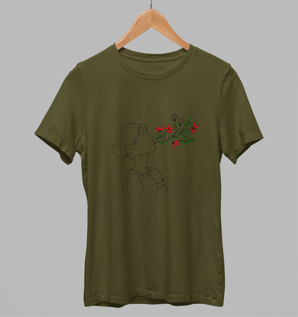 Khaki spalvos 100% medvilnės marškinėliai "Gėlės iš burnos" (L dydis) ŠIURPNAKČIO PASIŪLYMAS