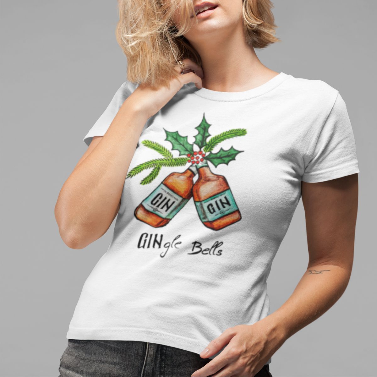 Balti moteriški marškinėliai "Gin gin bells" (S, M, 2XL dydis) ŠIURPNAKČIO PASIŪLYMAS