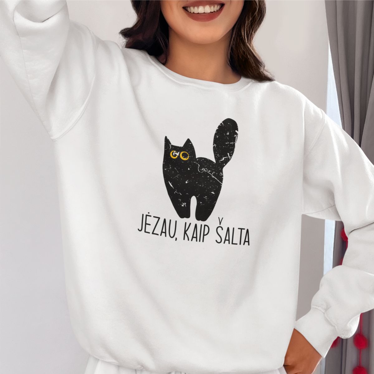 Baltas džemperis be gobtuvo "Jėzau, kaip šalta"